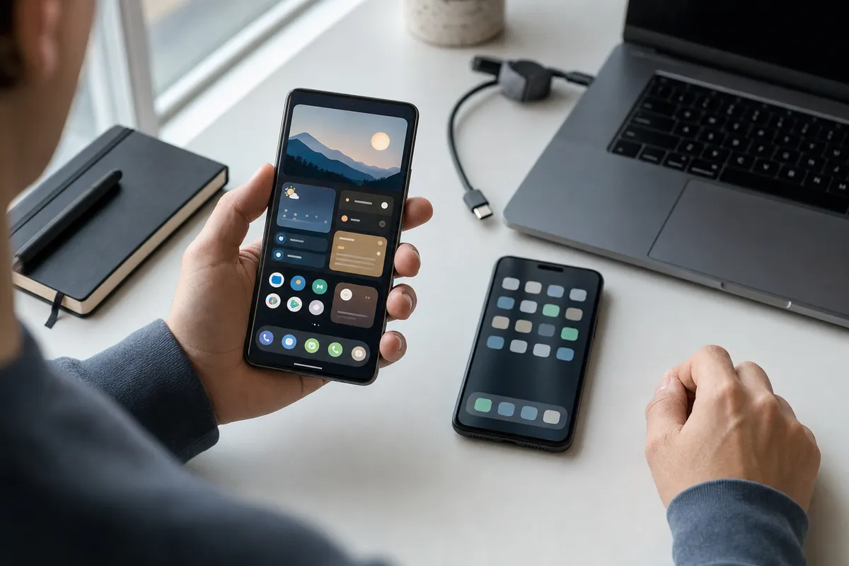 Persona confronta due smartphone su una scrivania, uno in mano con schermata personalizzata e uno appoggiato con griglia di