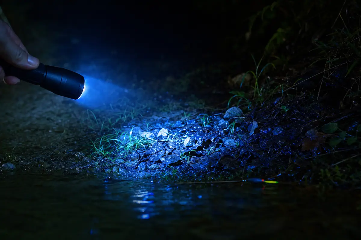 Mano con torcia a luce blu che illumina pietre e foglie bagnate vicino all’acqua, con galleggiante da pesca