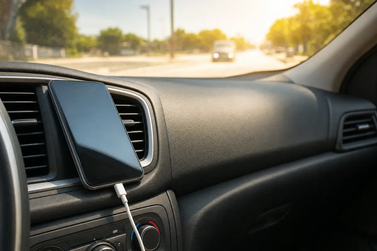 Smartphone collegato con cavo USB vicino alla bocchetta dell’aria in auto, con luce estiva intensa fuori dal parabrezza