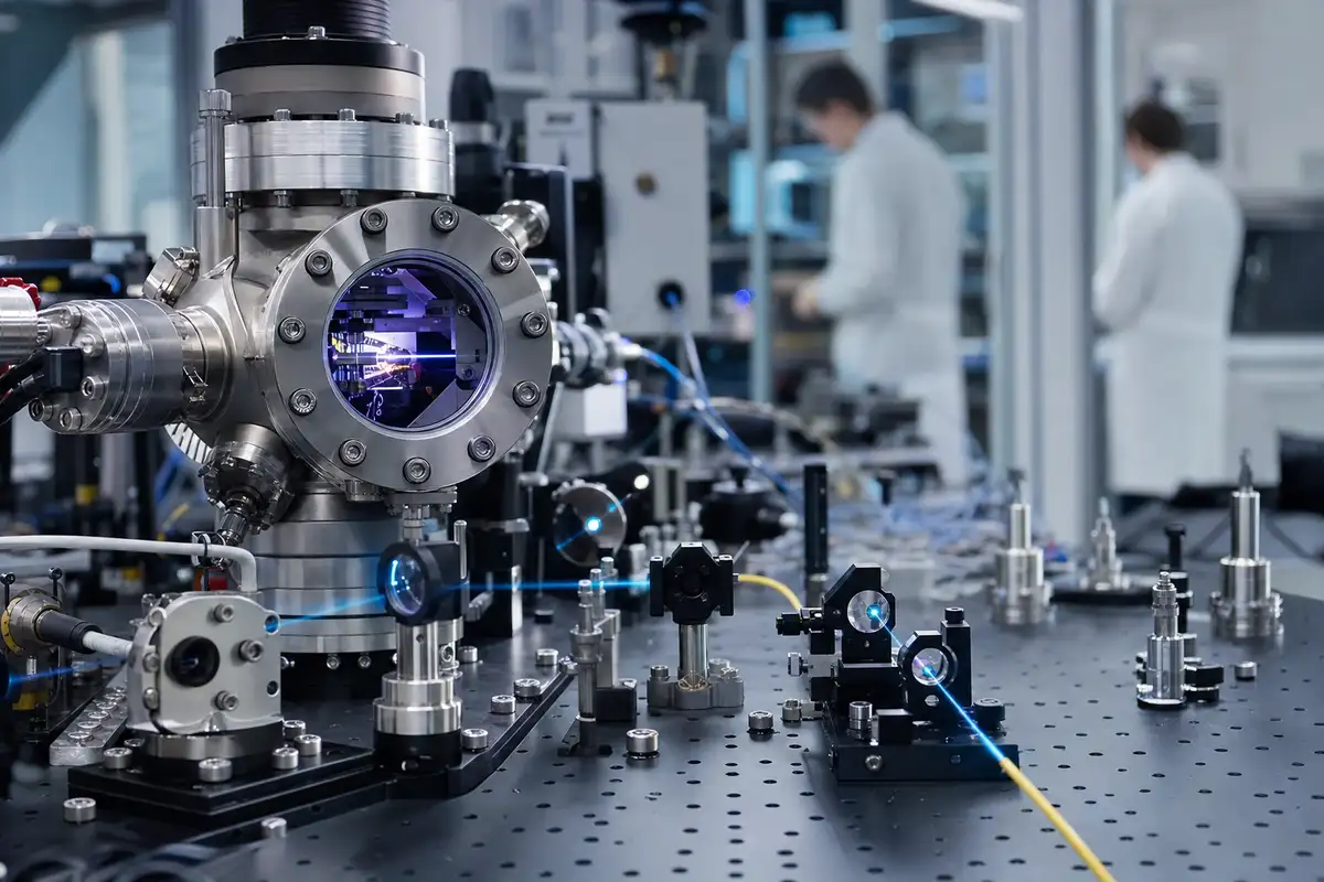 Setup di laboratorio per computer quantistico con camera da vuoto, ottiche e fasci laser blu su tavolo ottico