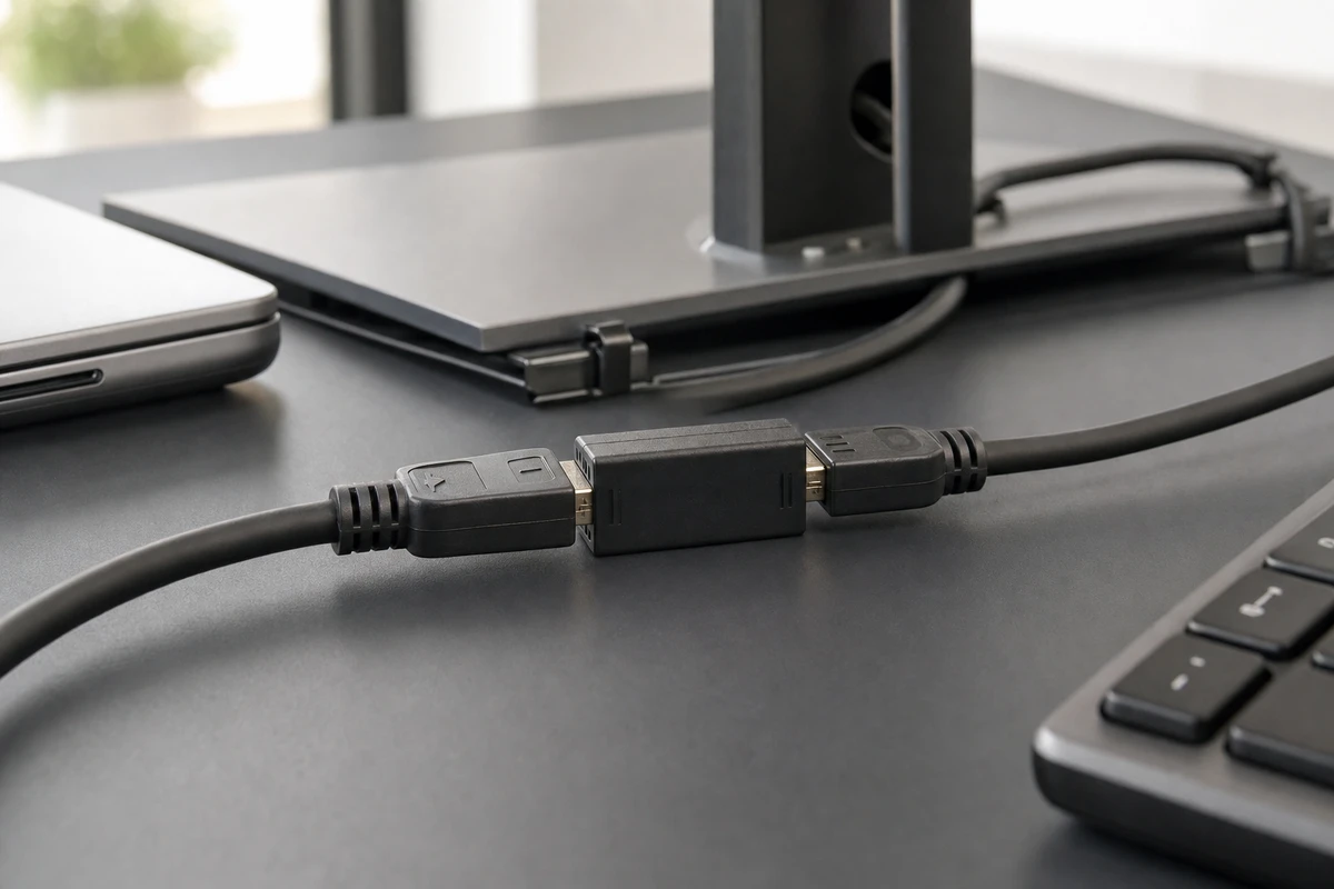 Accoppiatore DisplayPort nero che unisce due cavi su una scrivania, con base del monitor sfocata sullo sfondo