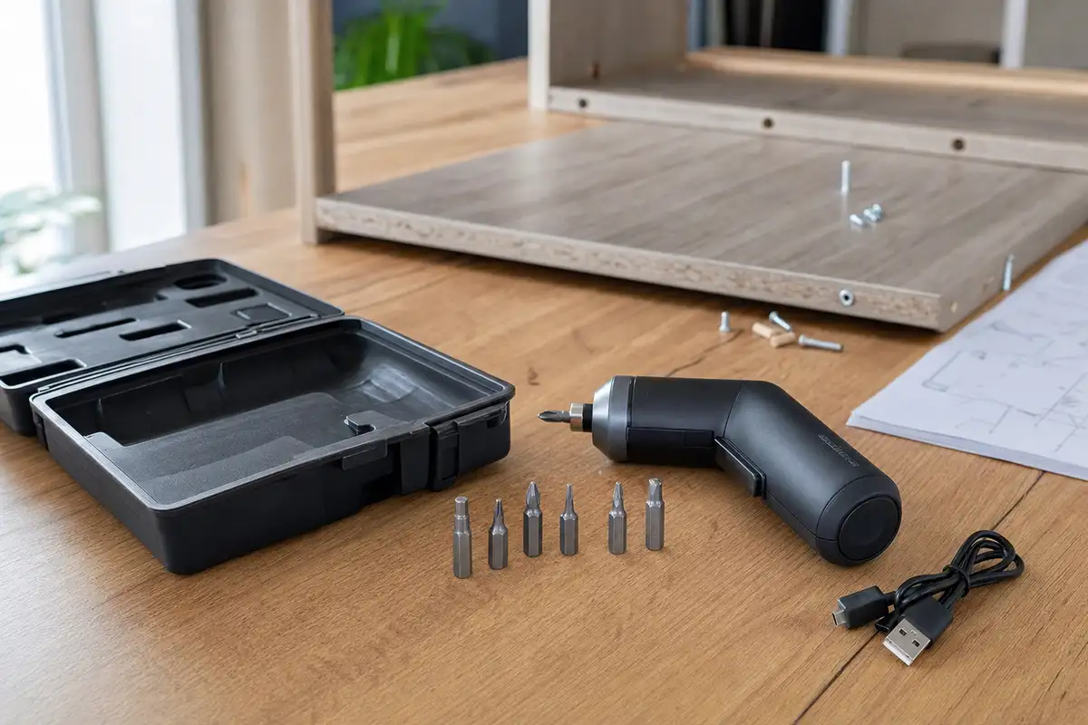 Avvitatore senza fili con punte, cavo USB e valigetta aperta su un tavolo, con mobile in montaggio sullo sfondo