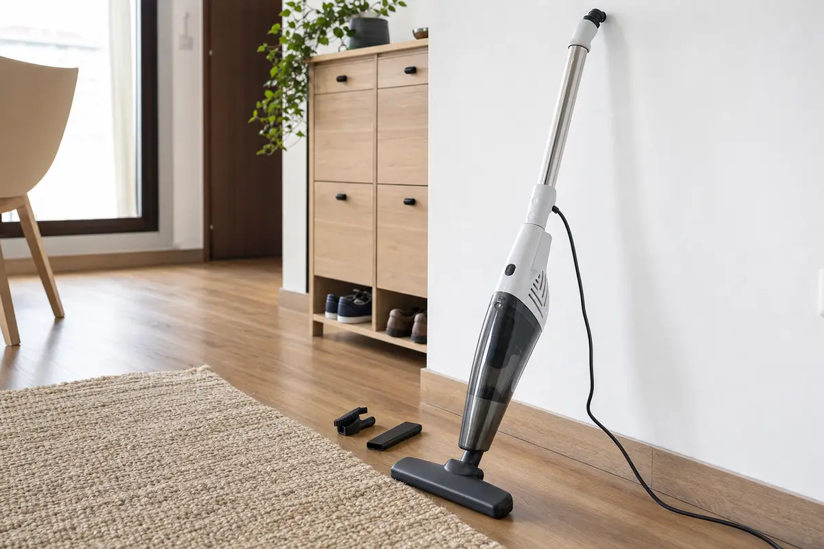 Aspirapolvere a bastone con cavo appoggiato a una parete, con accessori su pavimento in legno vicino a un tappeto