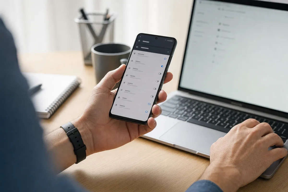 Mano che tiene uno smartphone con schermata di impostazioni e interruttori, con laptop aperto su una scrivania