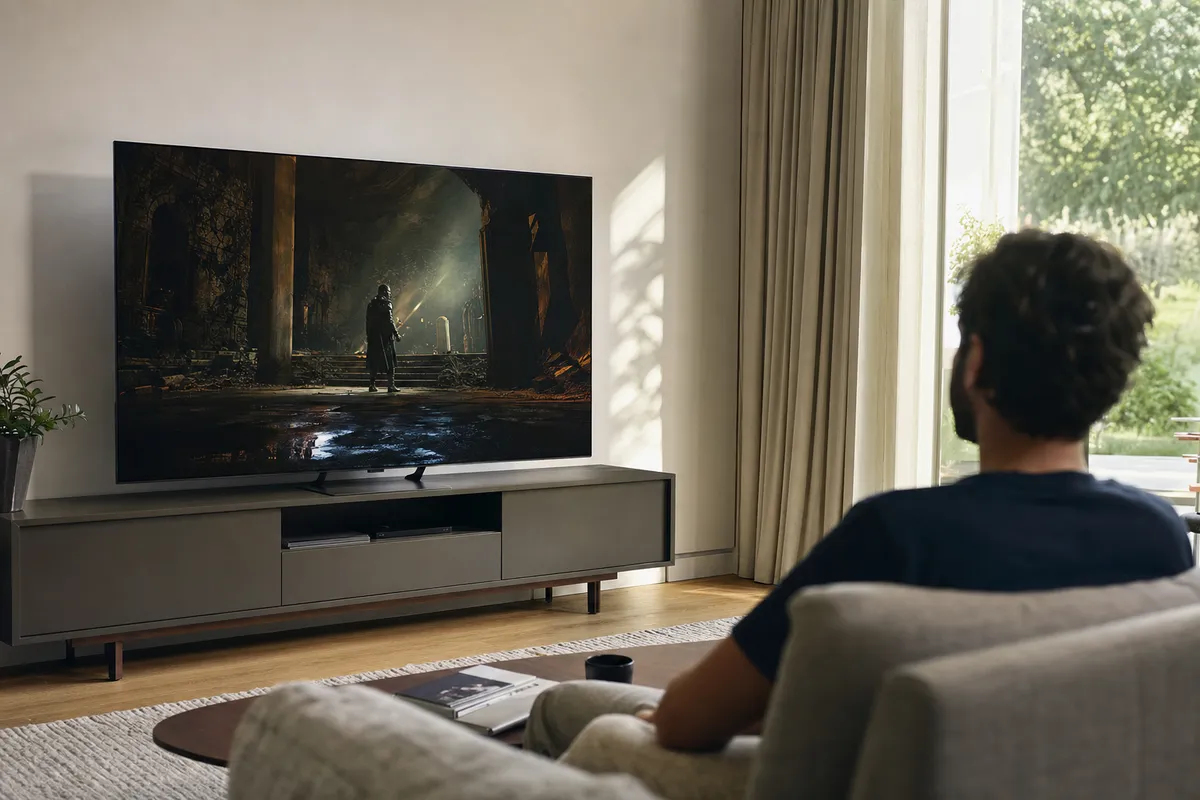 Uomo sul divano guarda una TV in salotto luminoso, con scena cinematografica scura e ricca di dettagli