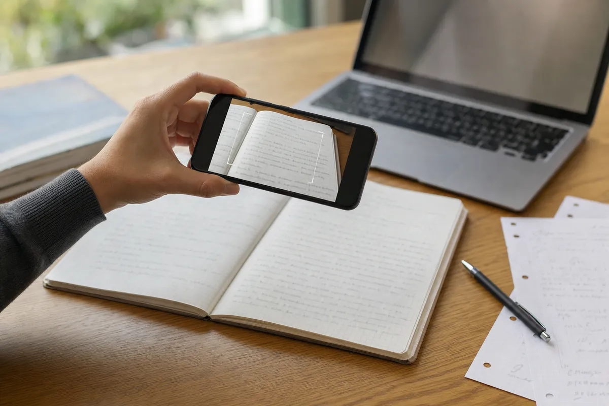 Mano che inquadra un quaderno con uno smartphone, con laptop e penna su una scrivania