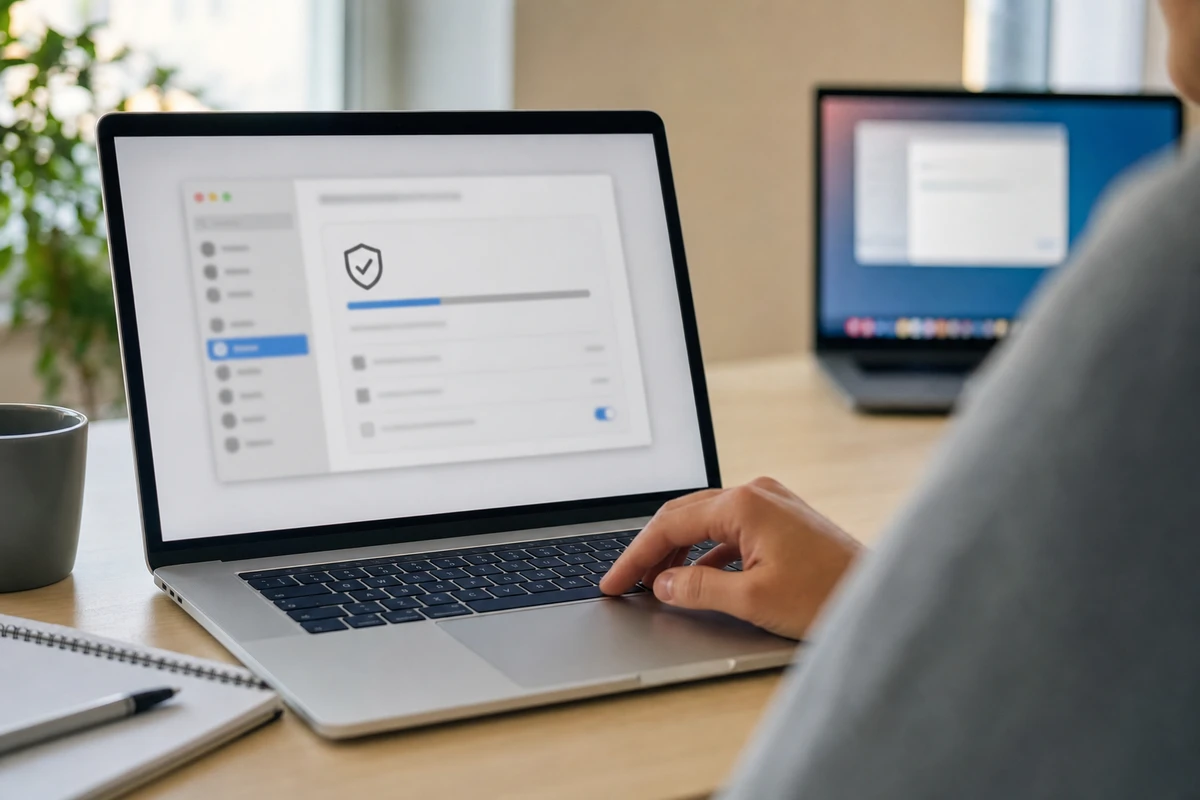 Persona al laptop con finestra di aggiornamento sfocata e icona scudo, secondo computer sullo sfondo