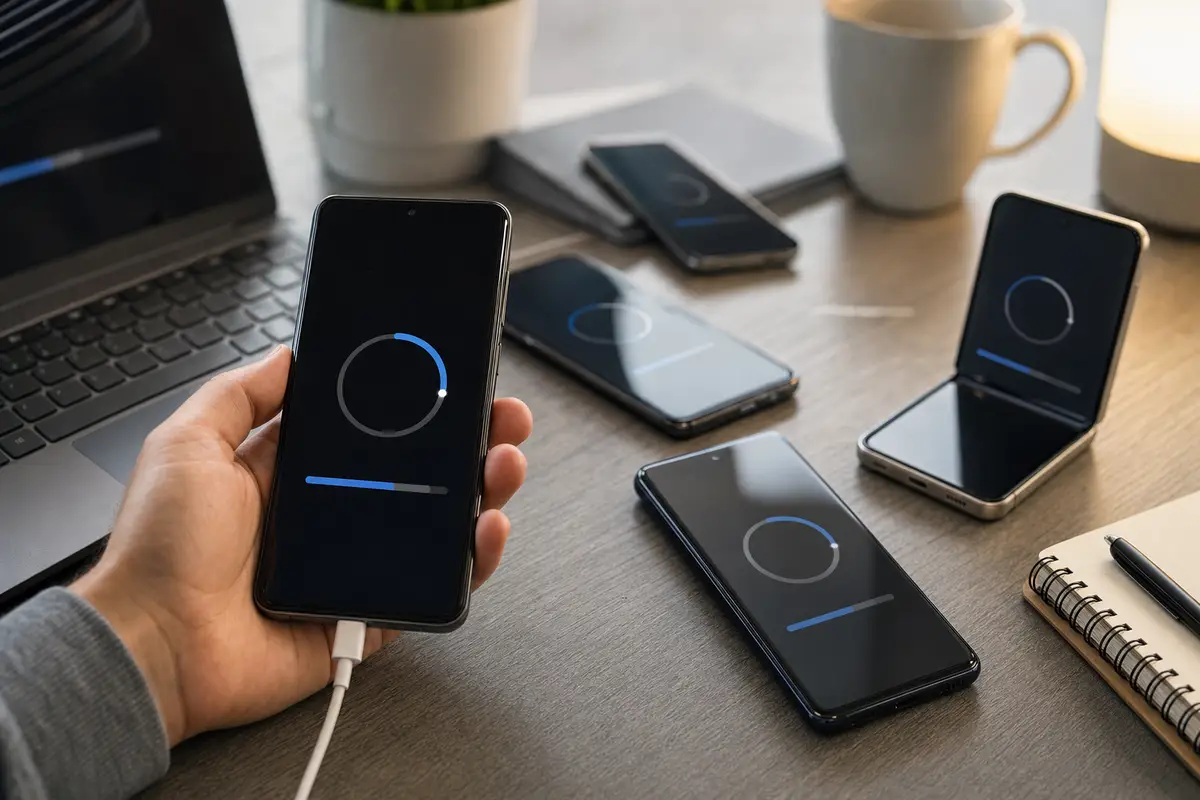 Più smartphone su una scrivania con schermata di aggiornamento e un telefono in mano collegato al cavo