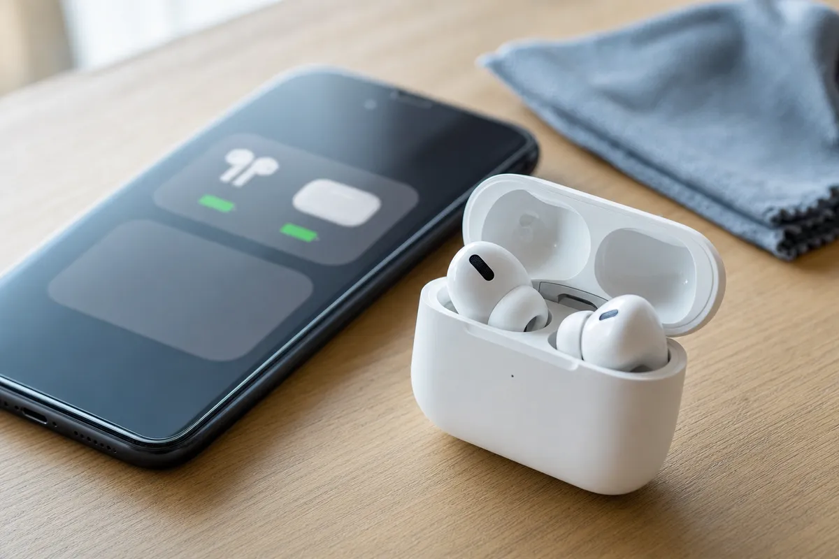 Auricolari wireless bianchi nella custodia aperta accanto a uno smartphone con indicatori batteria sfocati