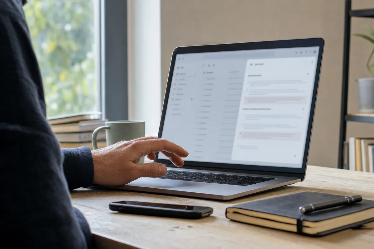 Mano vicino al trackpad di un laptop con casella email sfocata, accanto a smartphone, taccuino e penna