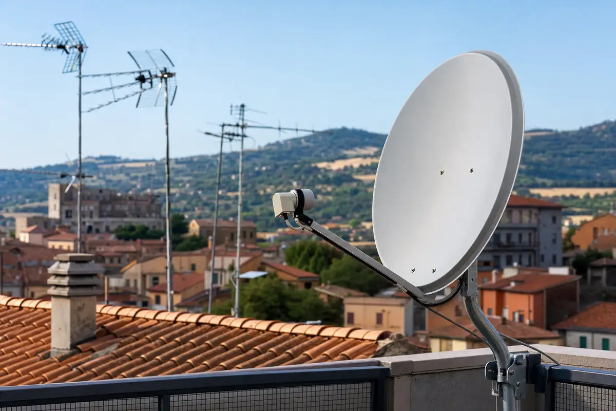 Parabola satellitare su un balcone con tetti in coppi e antenne TV sullo sfondo, colline e cielo sereno