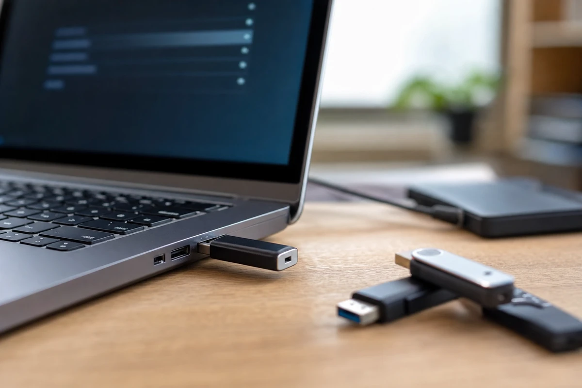 Chiavetta USB inserita nel portatile su una scrivania, con altre penne USB sfocate accanto