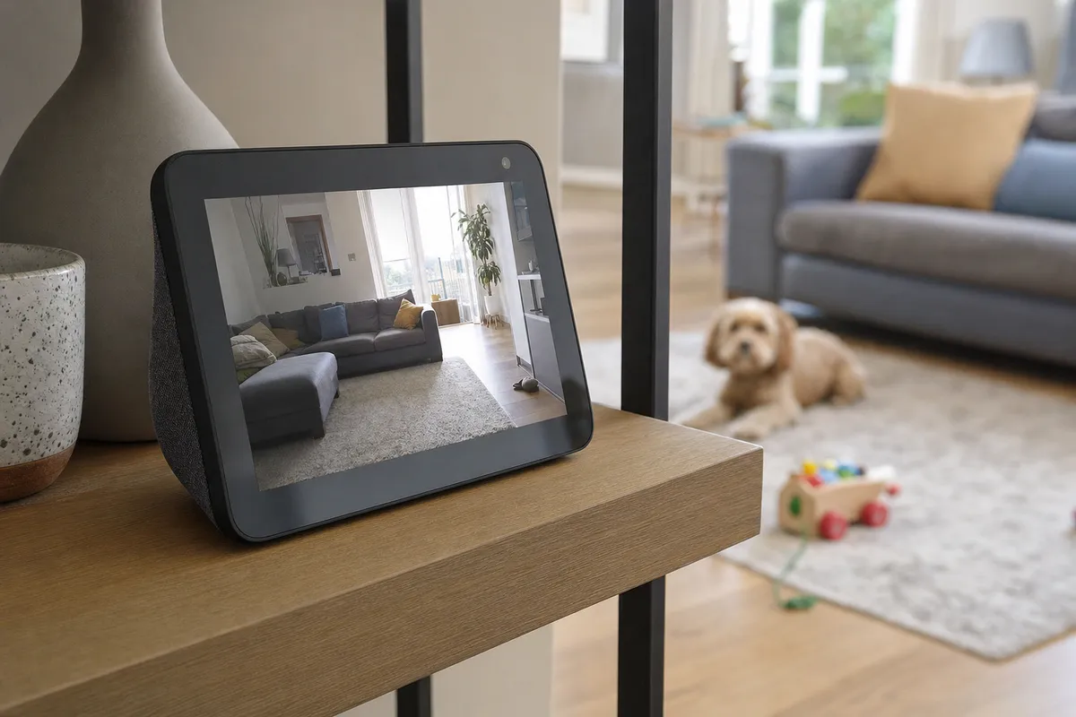 Smart display su mensola in legno con Live View del soggiorno; sullo sfondo un cane e un gioco sul tappeto