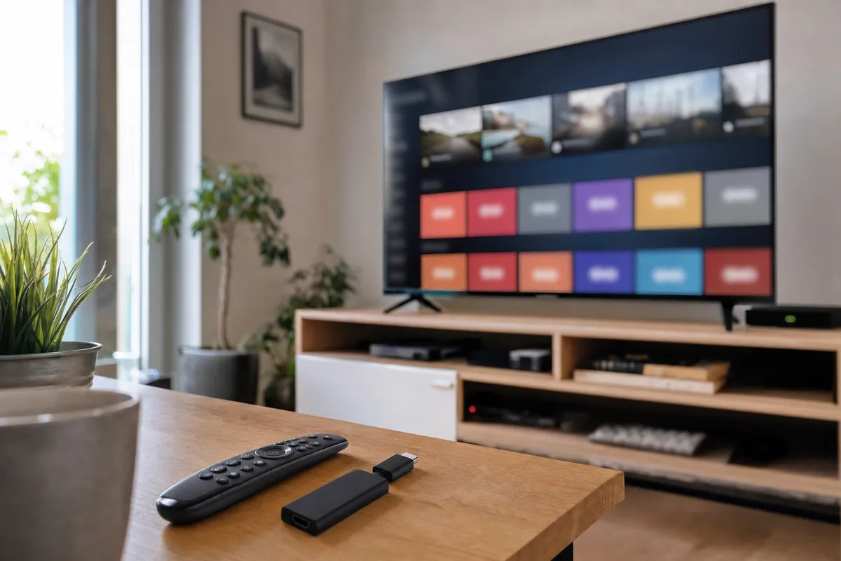 Telecomando e streaming stick su un tavolino, con TV sullo sfondo che mostra una schermata di canali live