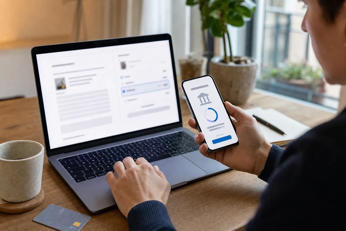 Persona al desk con laptop su pagina di checkout e smartphone con schermata di approvazione bancaria