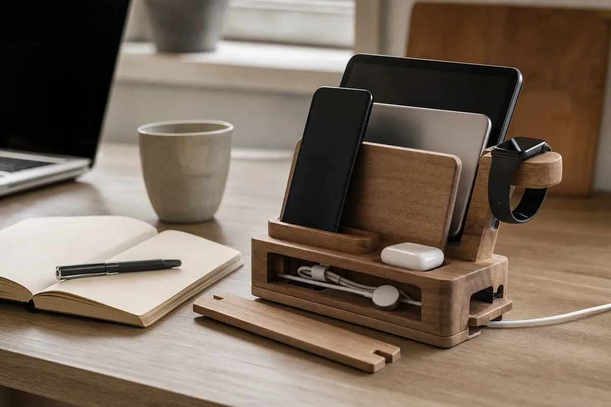 Organizer da scrivania in legno con smartphone, tablet, smartwatch e auricolari, con cavi riposti in un vano