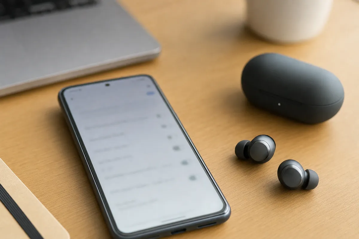 Smartphone su scrivania con schermata impostazioni sfocata e auricolari wireless con custodia accanto