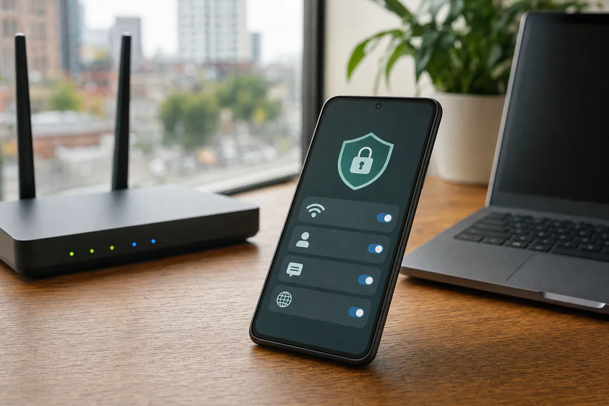 Smartphone con icona di scudo e lucchetto su una scrivania accanto a router Wi‑Fi e laptop