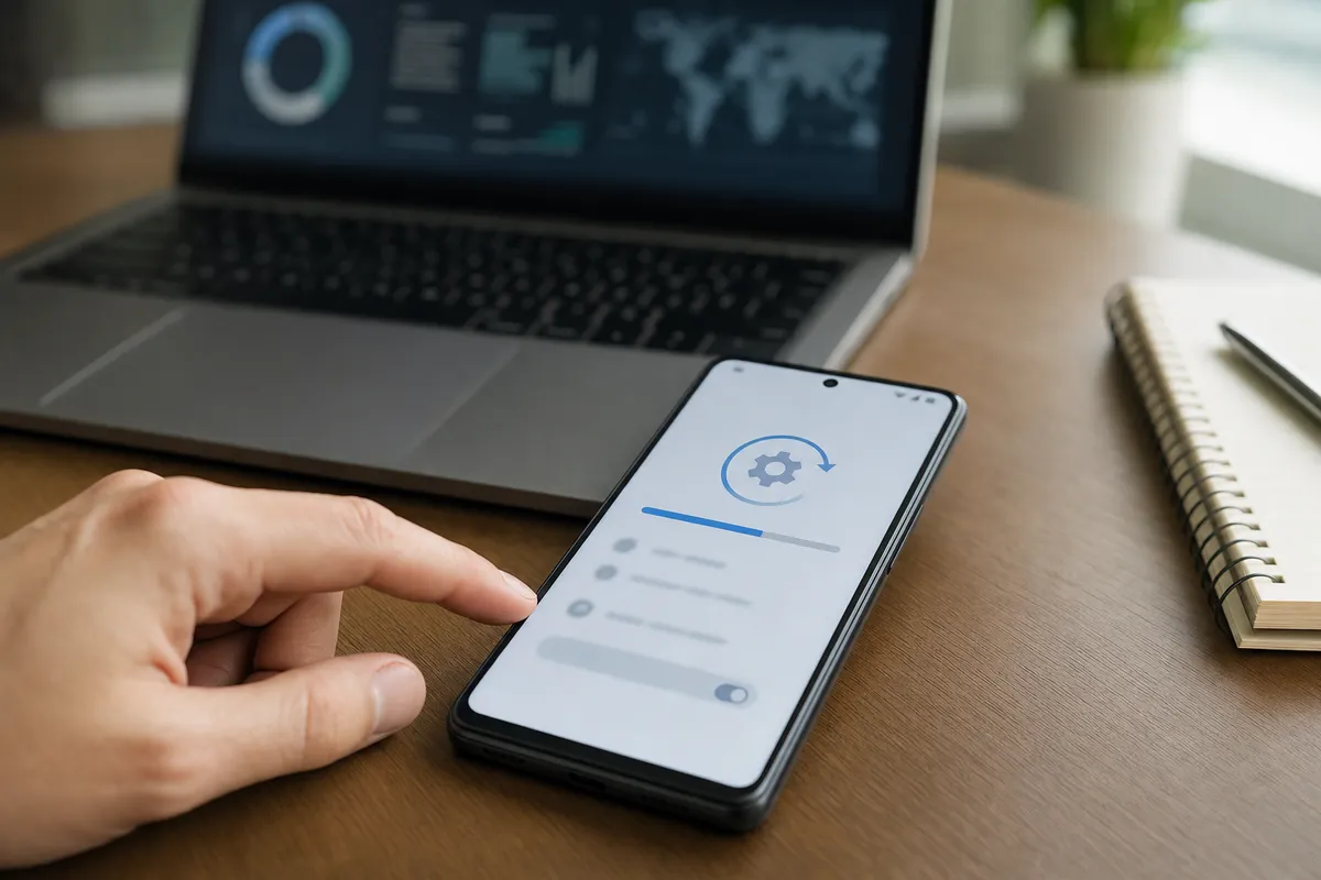 Mano che tocca uno smartphone con icona di aggiornamento e barra di avanzamento su una scrivania, laptop sfocato sullo sfondo