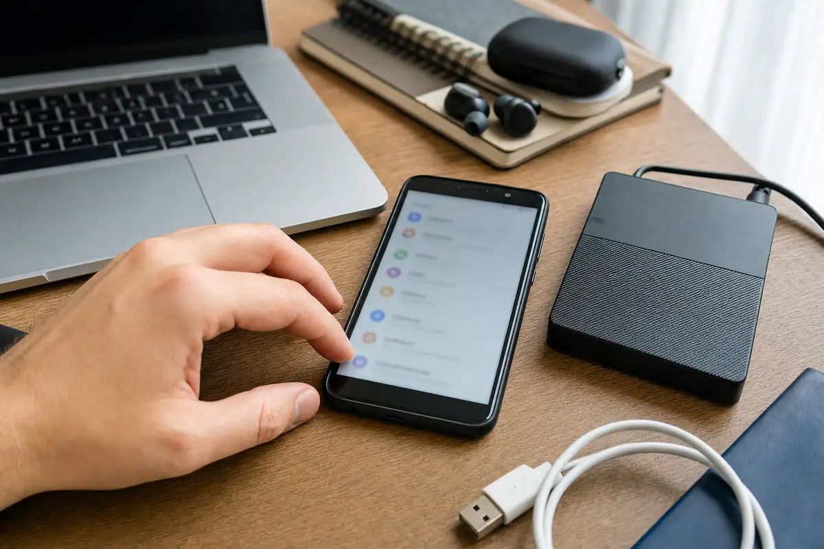 Mano vicino a uno smartphone con schermata impostazioni sfocata accanto a laptop e hard disk esterno su una scrivania