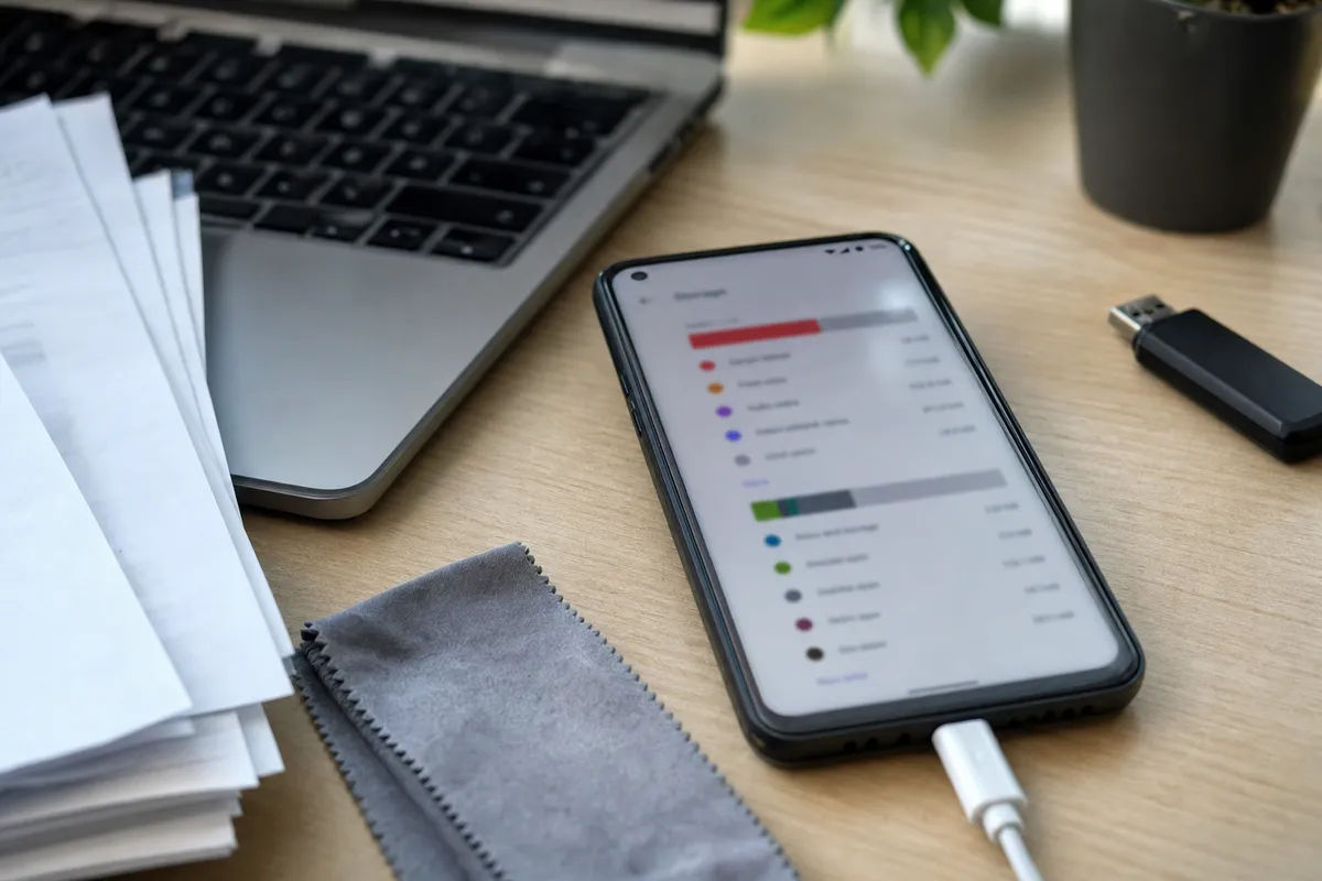 Smartphone Android in carica su scrivania con schermata di archiviazione sfocata, accanto a laptop, carte e chiavetta USB