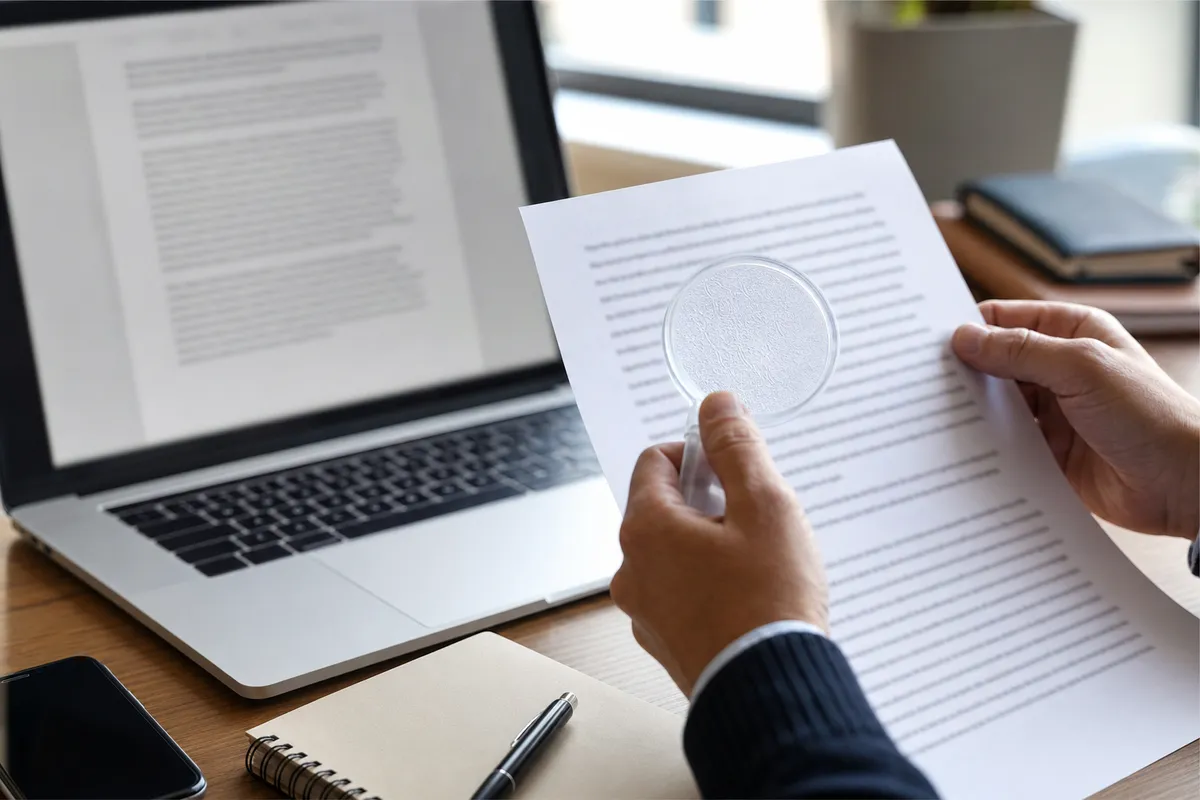 Mani che esaminano un foglio stampato con una lente d’ingrandimento accanto a un laptop su una scrivania