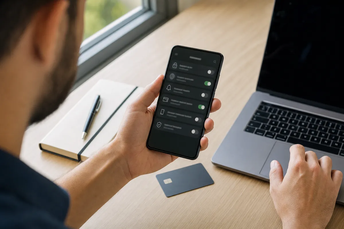Persona controlla le impostazioni di sicurezza su uno smartphone, con laptop, taccuino e carta su una scrivania