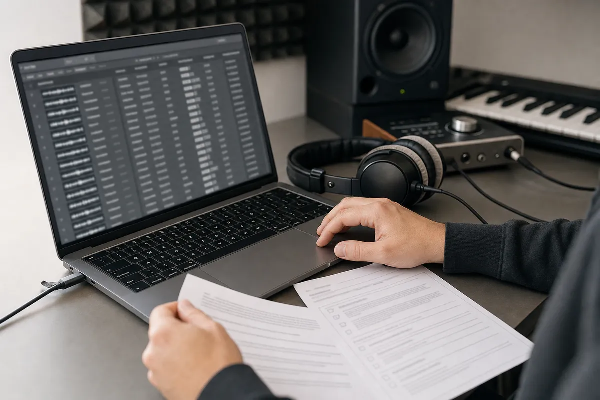 Mani che controllano moduli e trackpad davanti a un laptop con elenco brani, cuffie e attrezzatura da studio