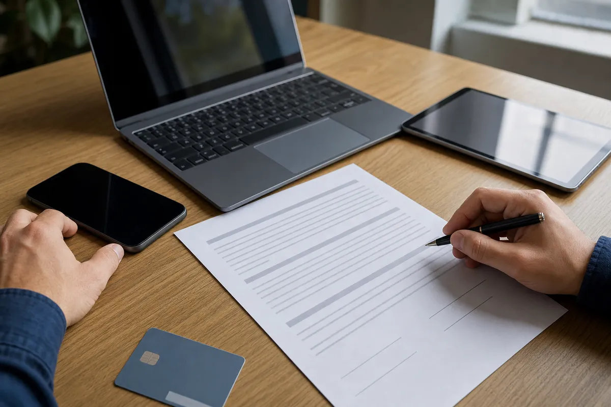 Mani con penna su un contratto accanto a laptop, smartphone, tablet e carta di pagamento su una scrivania