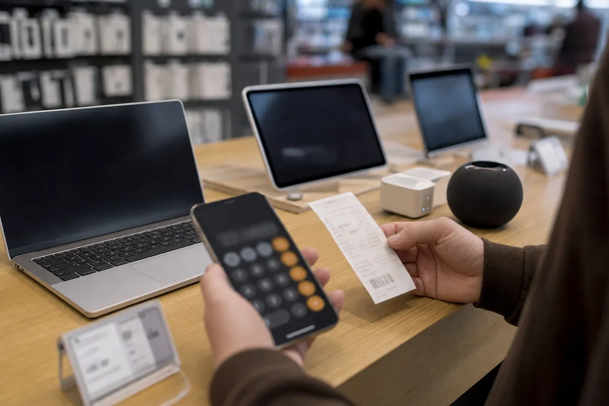 Cliente confronta prezzi con smartphone e scontrino davanti a laptop e tablet su un tavolo in un negozio di elettronica