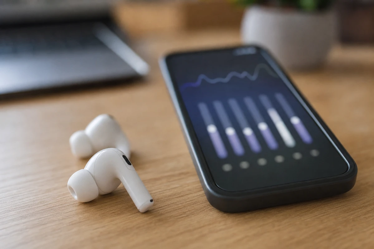Auricolari wireless bianchi su una scrivania accanto a uno smartphone con schermata di equalizzatore sfocata