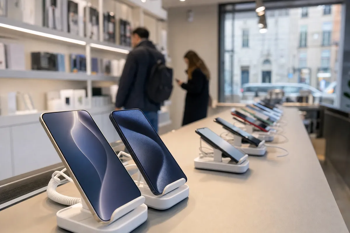 Smartphone in esposizione su un banco in un negozio di elettronica, con pochi clienti sfocati sullo sfondo