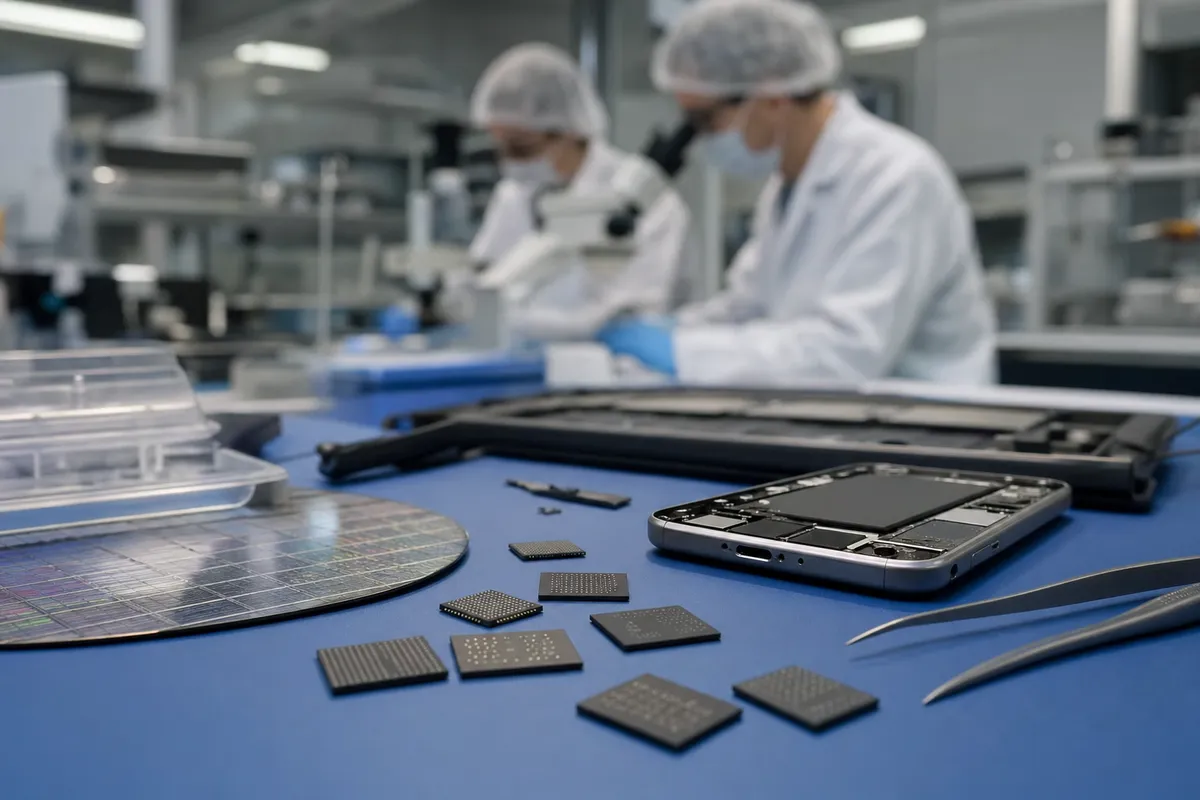 Chip di memoria su banco antistatico con smartphone aperto e tecnici in camice sfocati sullo sfondo