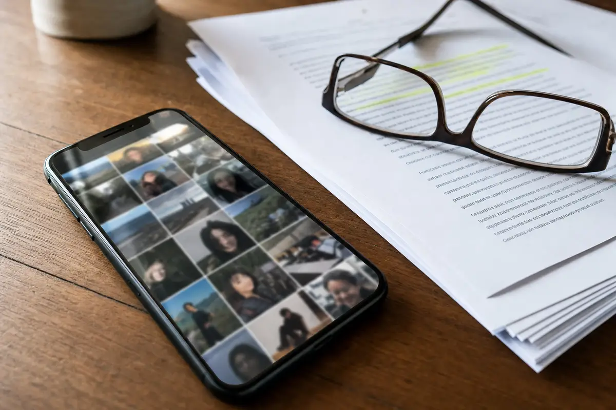 Smartphone con galleria di foto sfocata accanto a documenti legali evidenziati e occhiali su un tavolo di legno