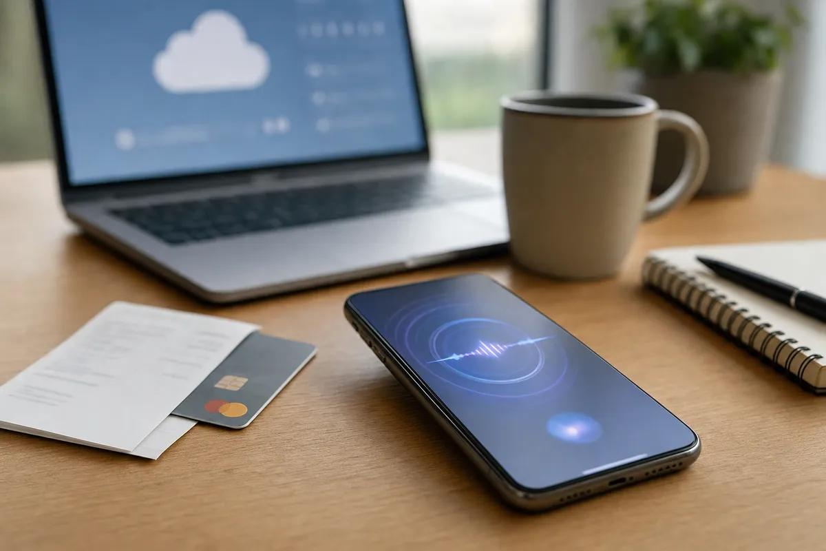 Smartphone su una scrivania con interfaccia a onde vocali, accanto a carta di credito e ricevuta, laptop con icona cloud