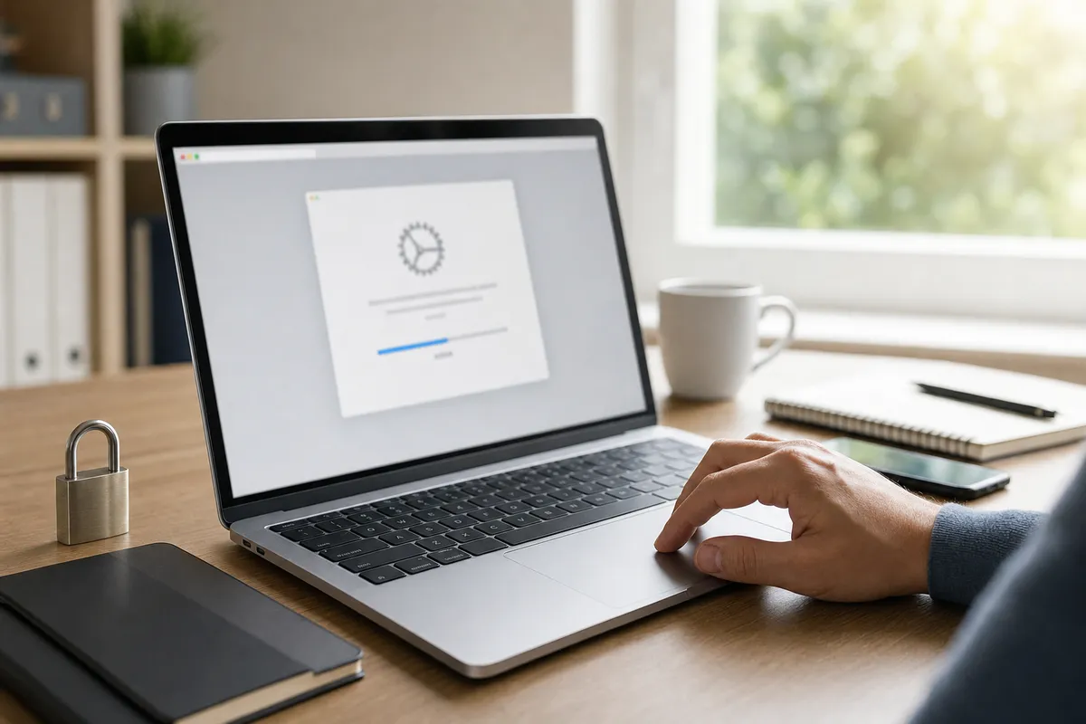 Mano sul trackpad di un portatile con finestra di aggiornamento software sullo schermo, lucchetto sul tavolo