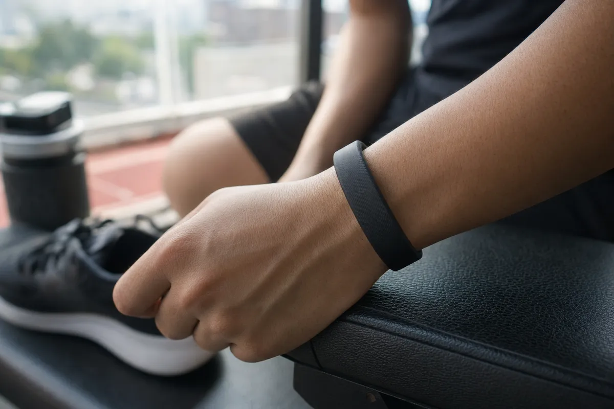 Polso con bracciale fitness nero senza schermo appoggiato a una panca, con scarpe e borraccia sfocate sullo sfondo