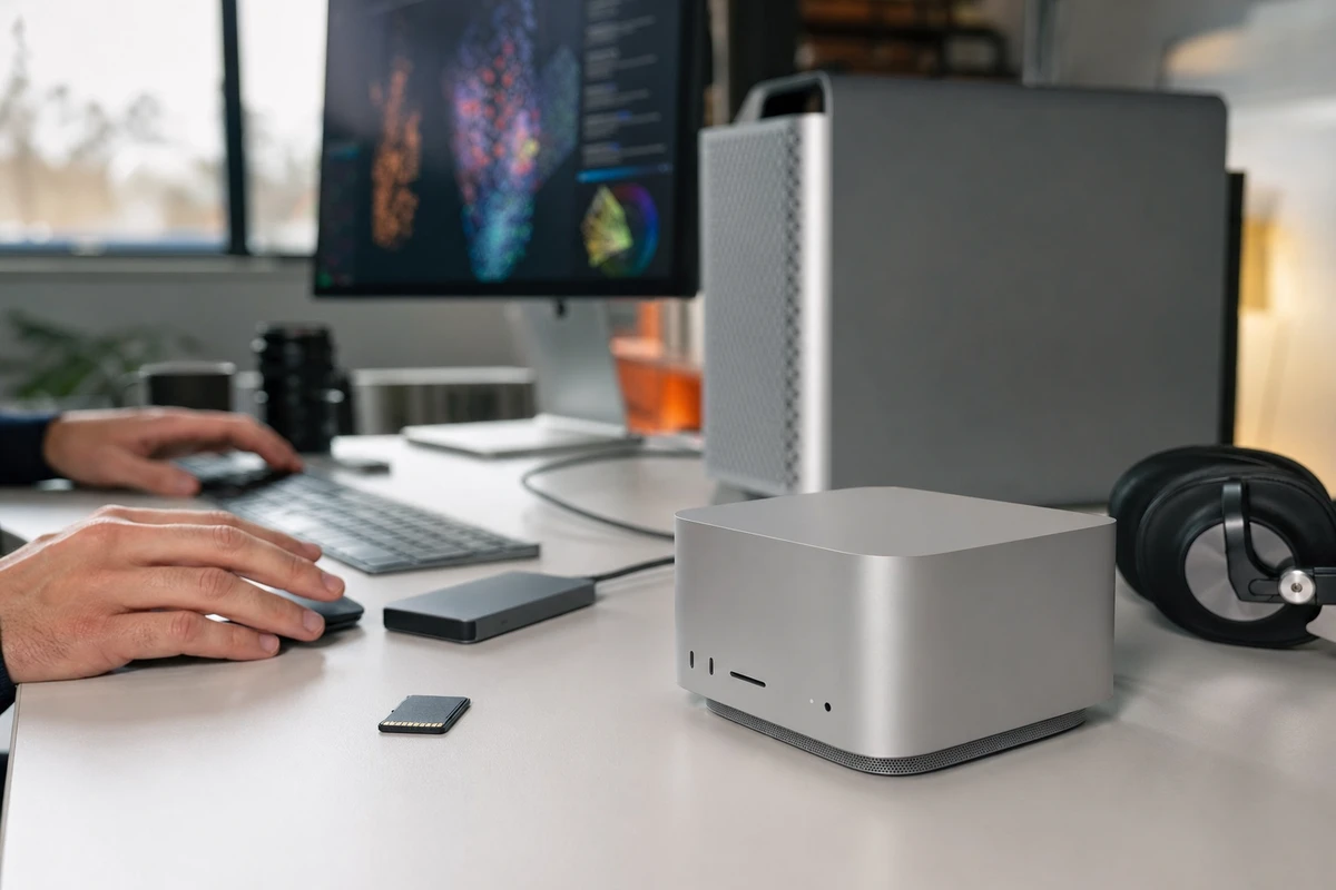 Scrivania con mini desktop in alluminio, workstation più grande, monitor con grafici astratti, mani su tastiera e mouse