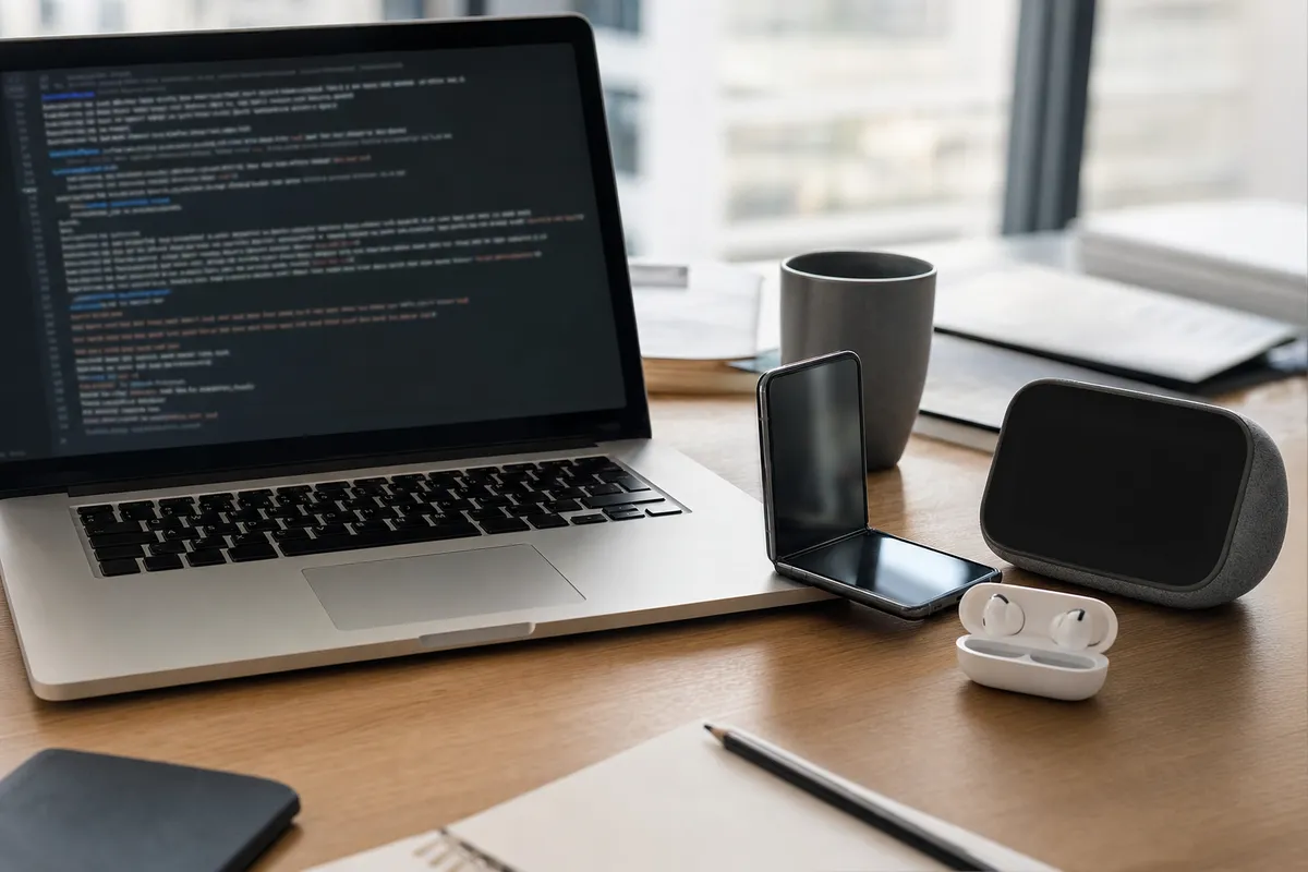 Scrivania con laptop che mostra codice sfocato, smartphone pieghevole, auricolari wireless e speaker smart con schermo
