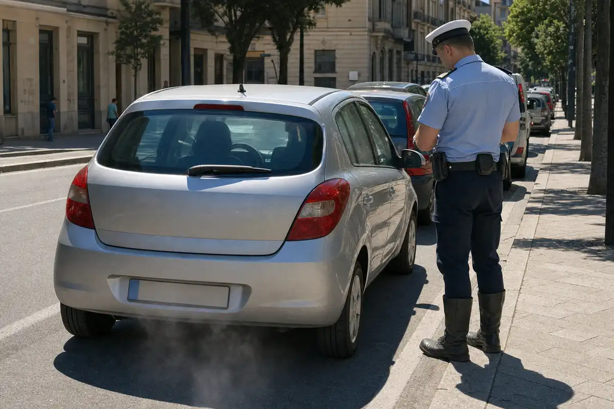 Agente di polizia municipale controlla un’auto parcheggiata al bordo strada con fumo dallo scarico