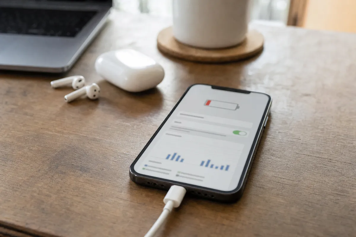 Smartphone in carica su un tavolo con schermata impostazioni batteria e icona di batteria quasi scarica
