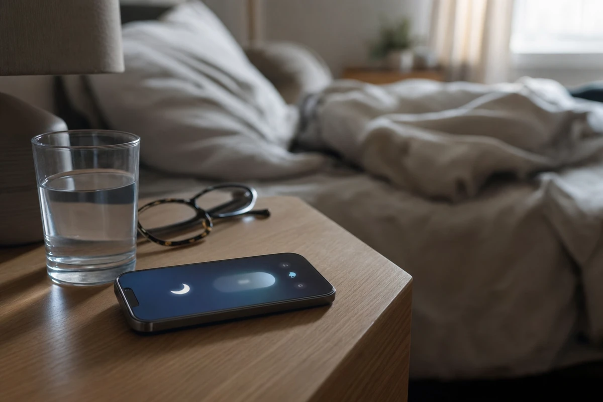 Smartphone acceso sul comodino con icona luna, accanto a un bicchiere d’acqua e occhiali, letto sfatto sullo sfondo