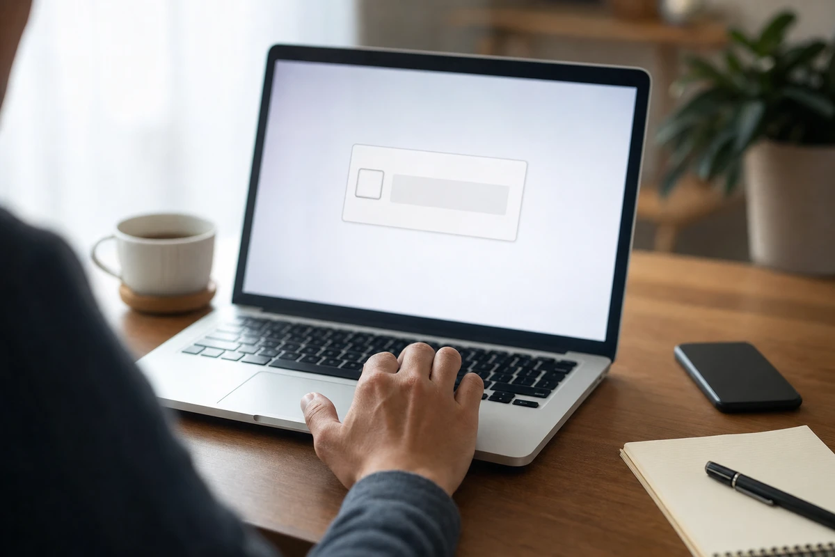 Mano sul trackpad di un laptop con una casella di verifica tipo CAPTCHA sullo schermo, su una scrivania con tazza e telefono