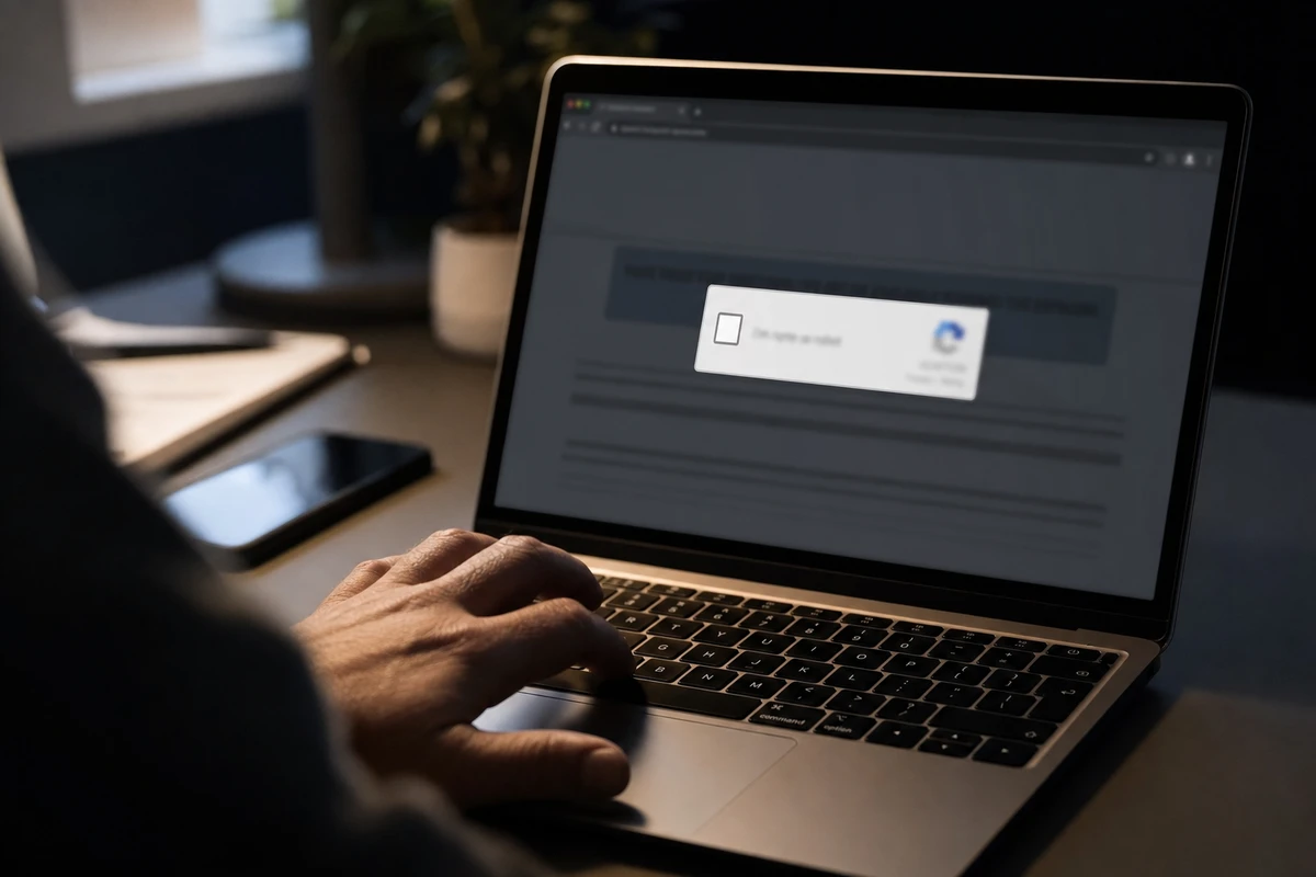Mano sulla tastiera di un laptop con finestra di verifica CAPTCHA sospetta sullo schermo