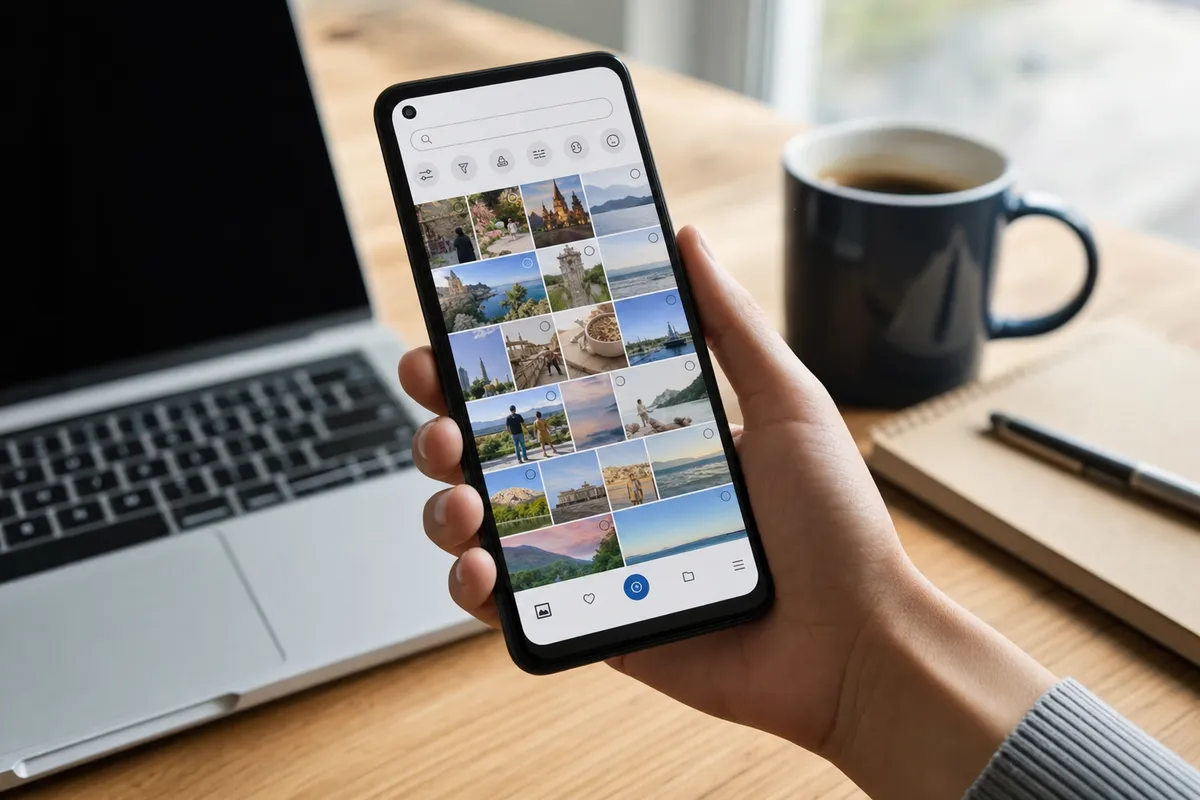 Mano che tiene uno smartphone con galleria foto a griglia e barra di ricerca, su scrivania con laptop e tazza