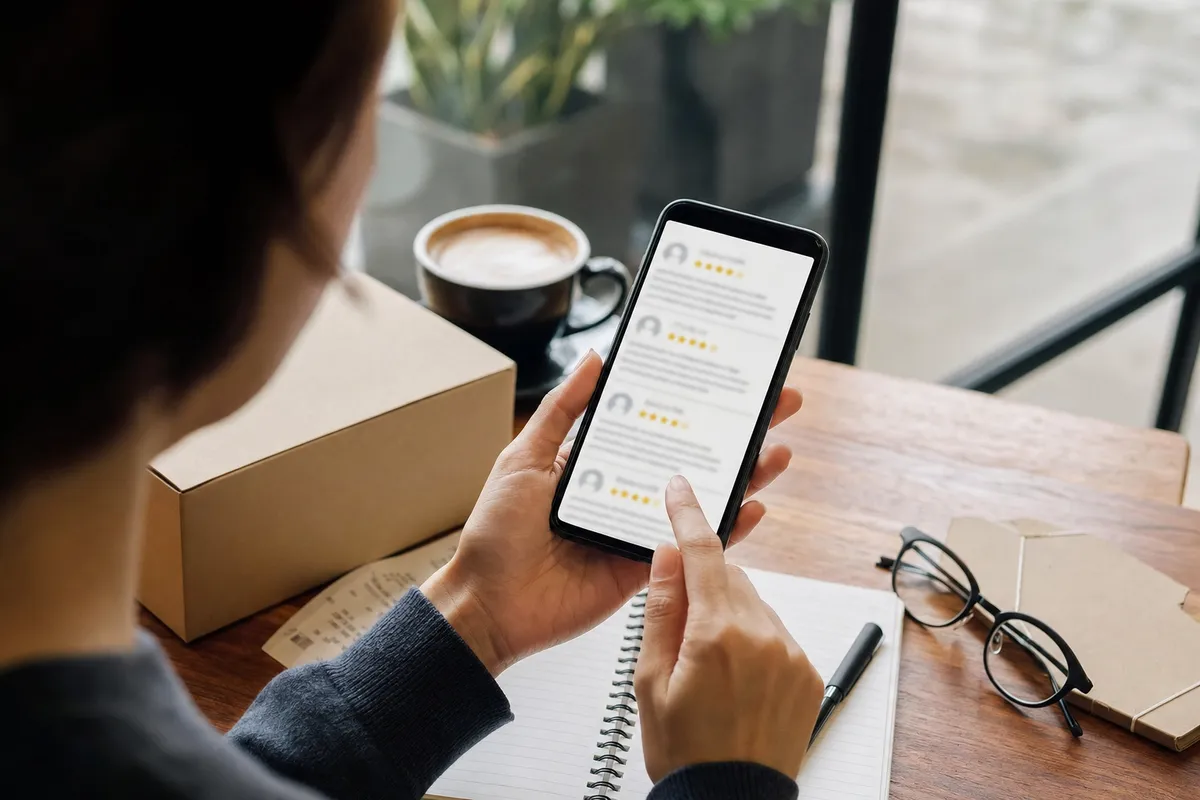Mani che controllano recensioni con stelle su smartphone al tavolo, con taccuino, occhiali, caffè e pacco