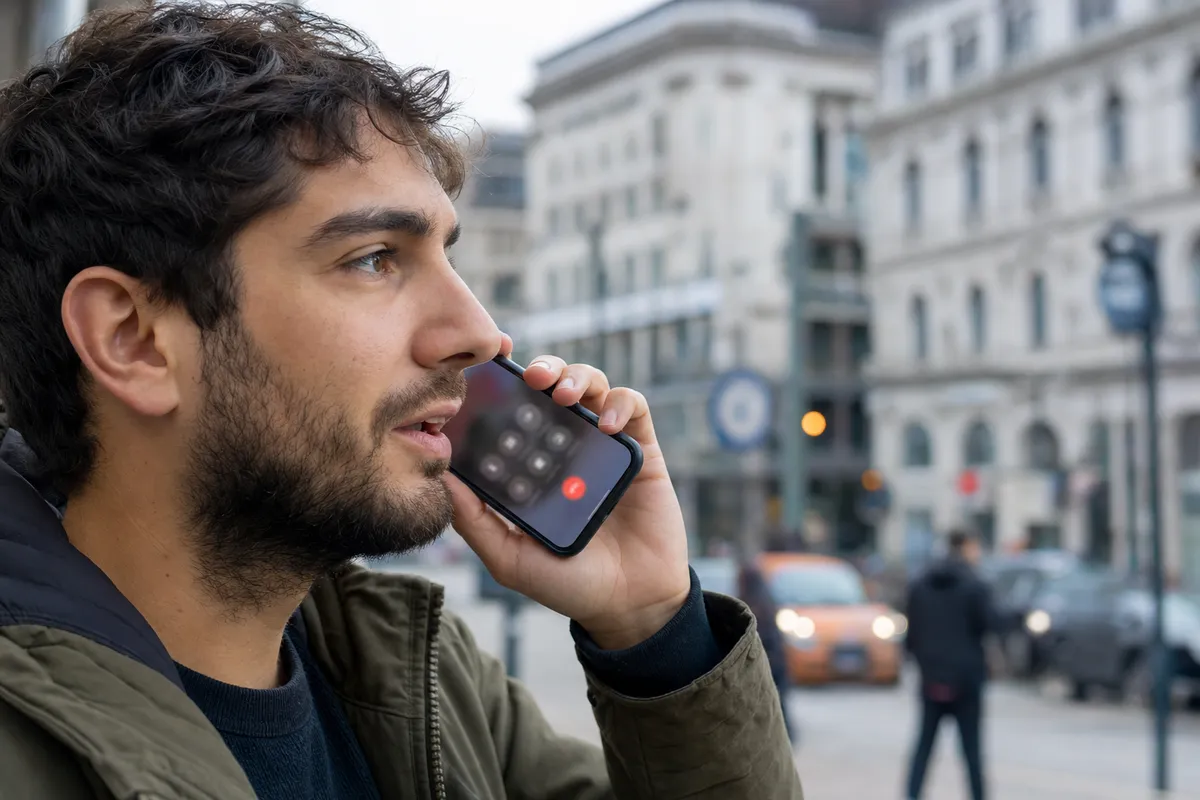 Uomo al telefono con smartphone in strada, con traffico e passanti sfocati sullo sfondo