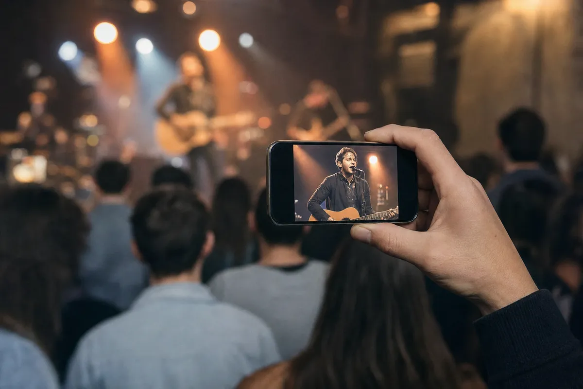 Mano che riprende un concerto con uno smartphone, con il cantante sullo schermo e il pubblico sfocato sullo sfondo