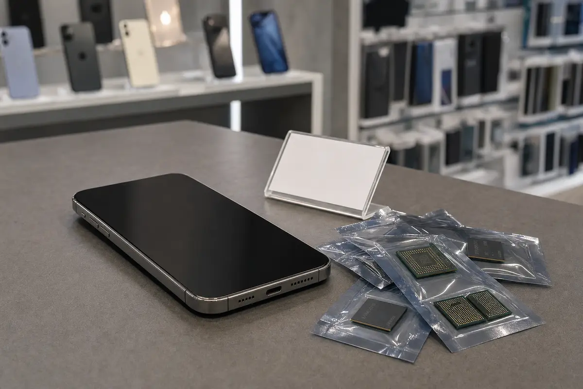 Smartphone su bancone con cartellino prezzo vuoto e chip di memoria in buste antistatiche