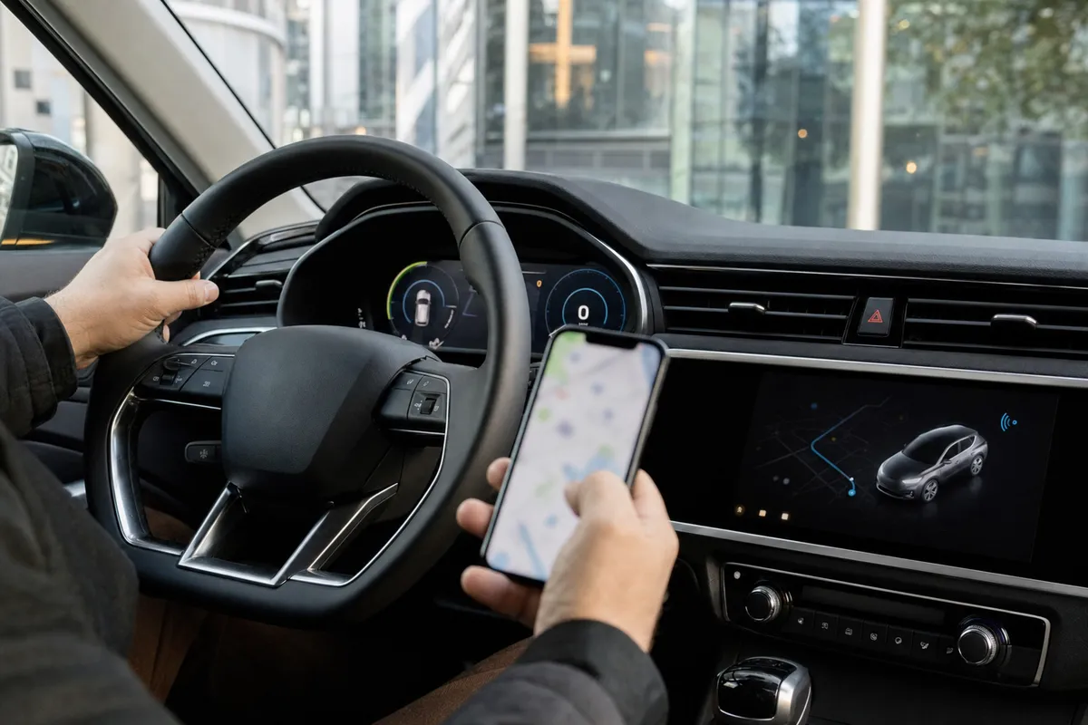 Mani al volante e smartphone con app, cruscotto digitale e schermo infotainment con auto connessa